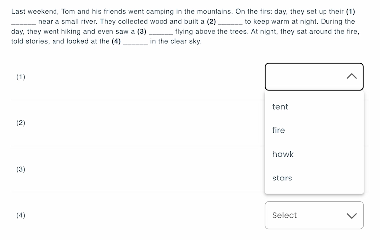 Sample fill-in-the-blank question in matching format