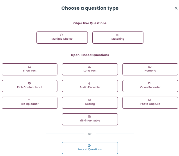 Create a new question by selecting a question type. The creation process is identical to creating a question outside the test area, with the same options and settings.