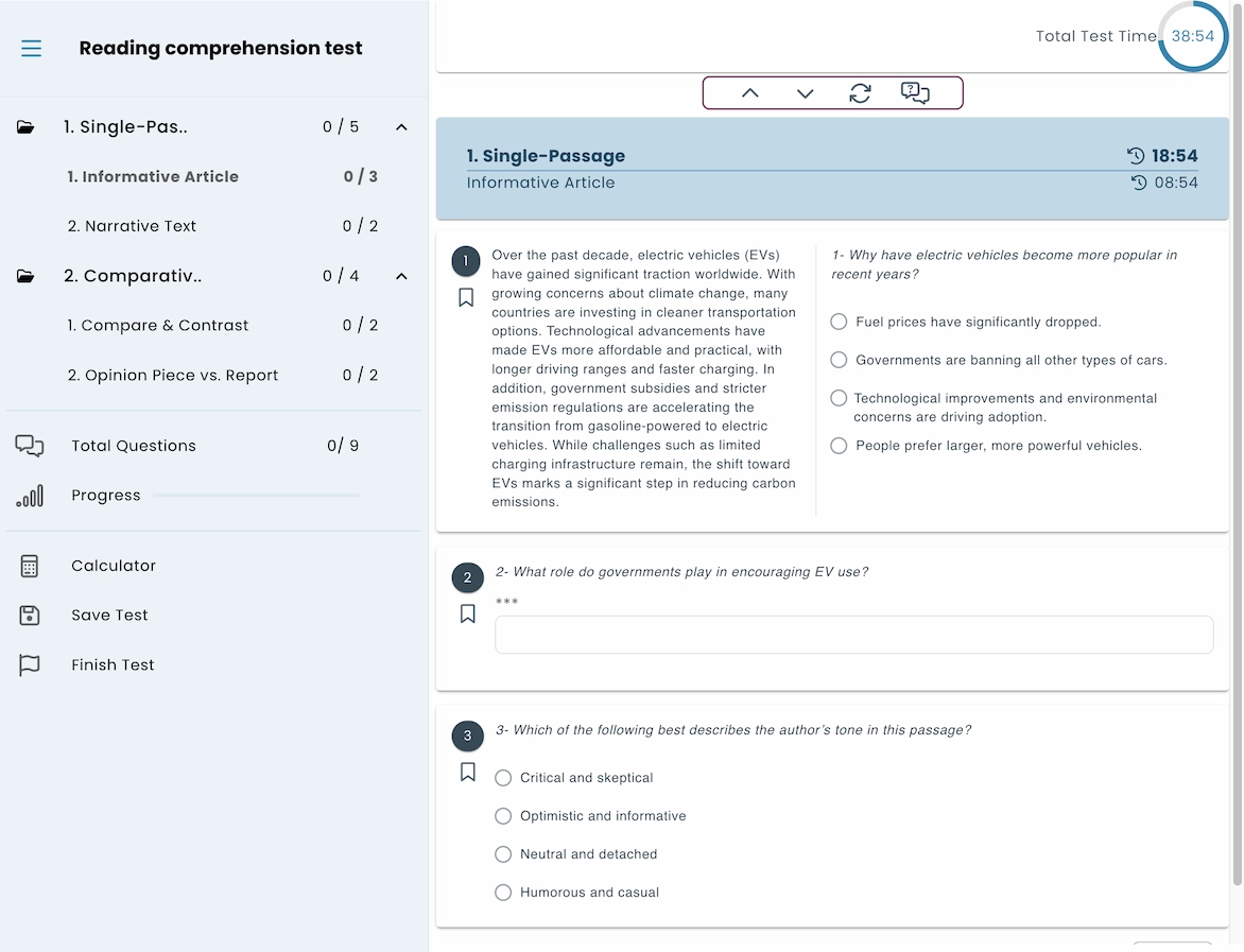 Sample reading comprehension test interface