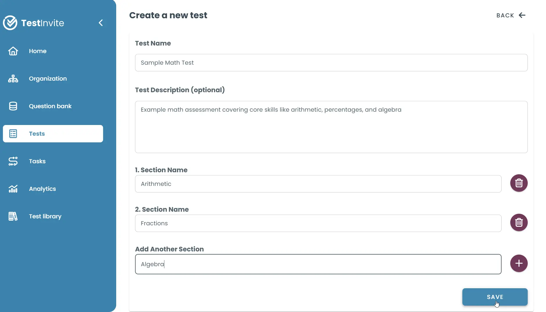 Test creation interface with fields for test name, description, and multiple section entries