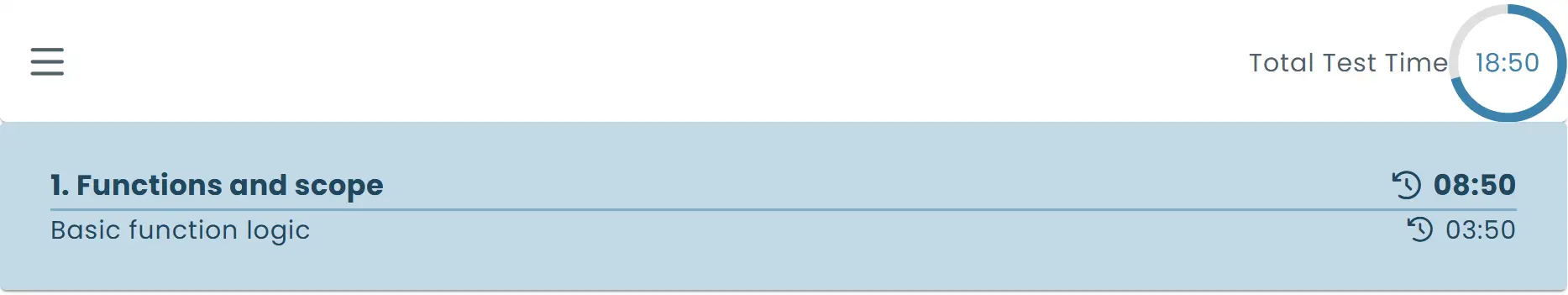 Countdown timers showing total test time along with individual section and page time limits