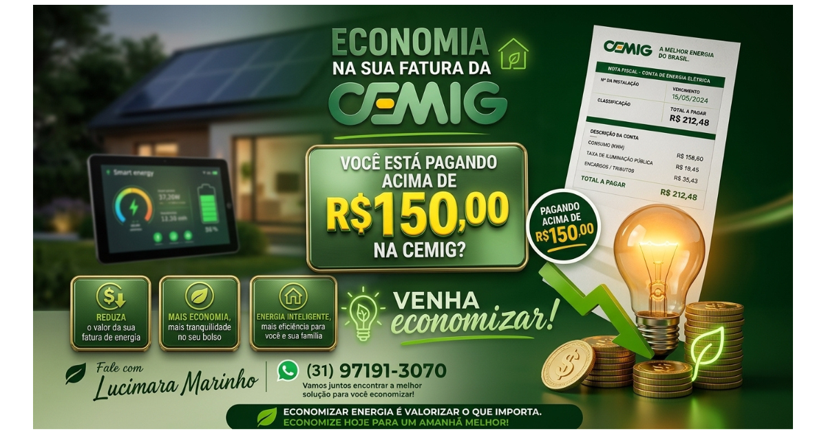 30% de desconto na conta da Cemig para faturas acima de 150 reais