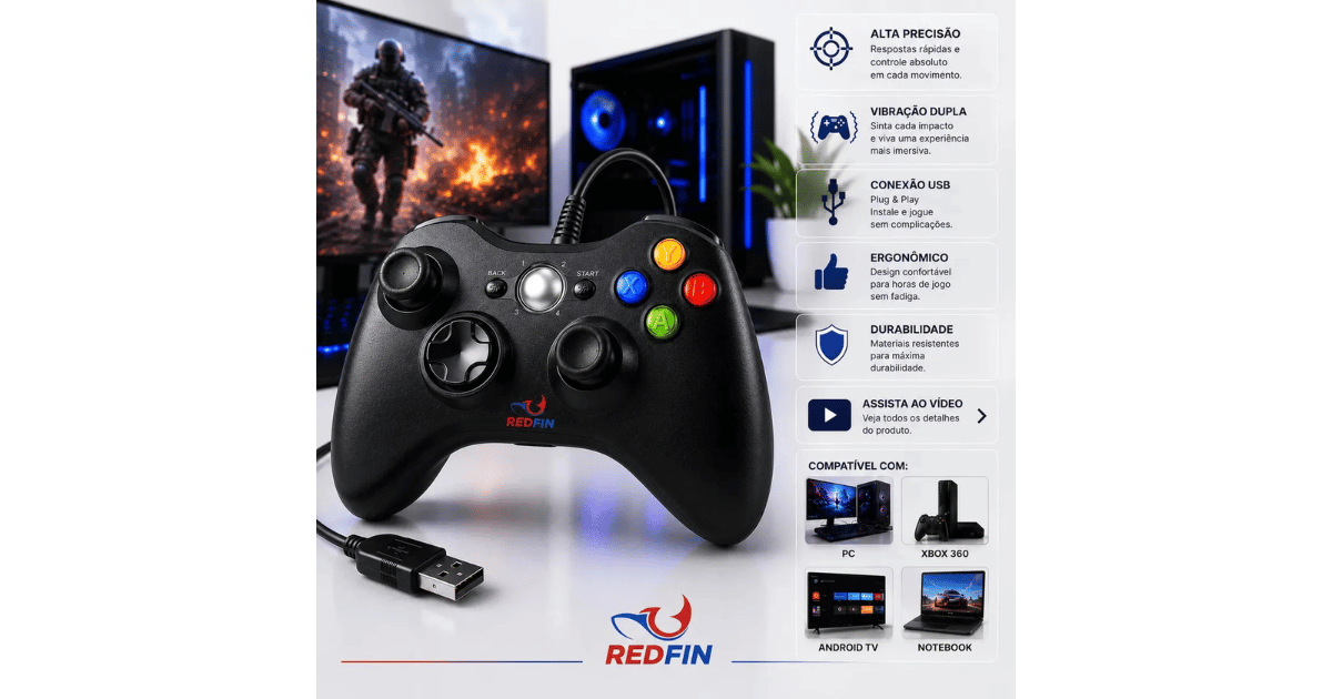 R$ 45,50 - Controle Gamer USB PC & Xbox 360 com 49% OFF