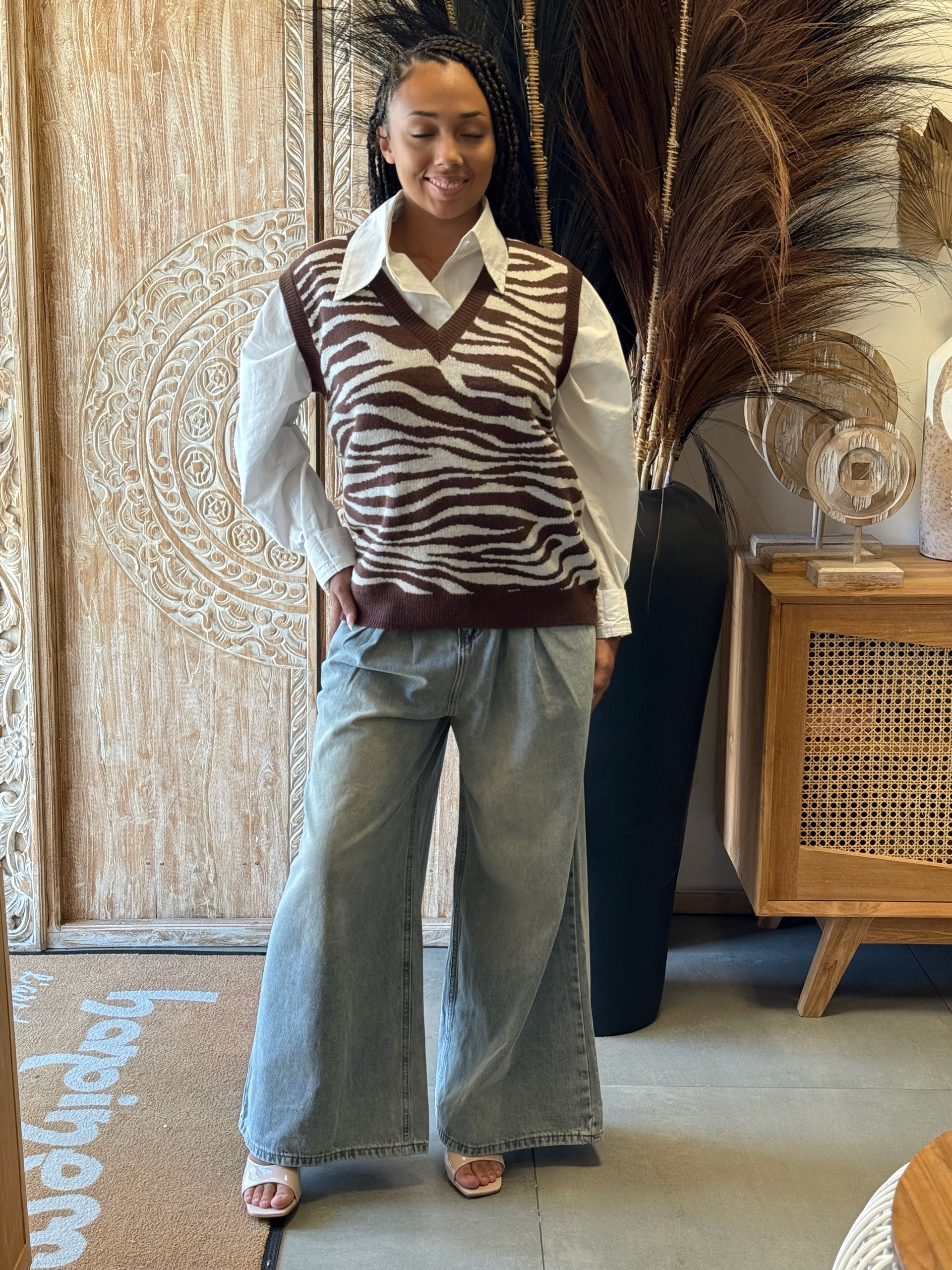 Gilet sans manches motif zèbre marron