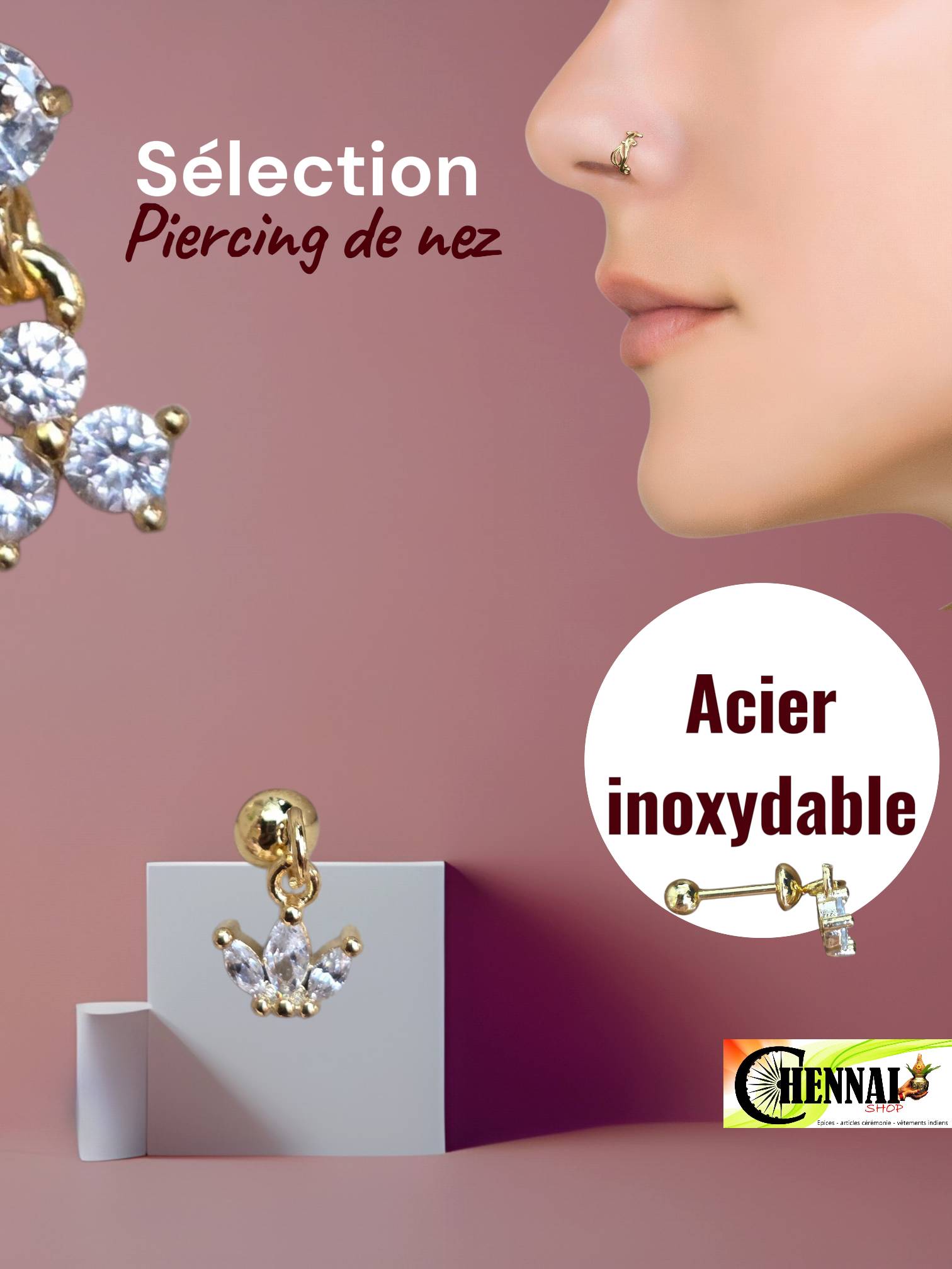 Piercing de nez doré en acier inoxydable avec strass élégant