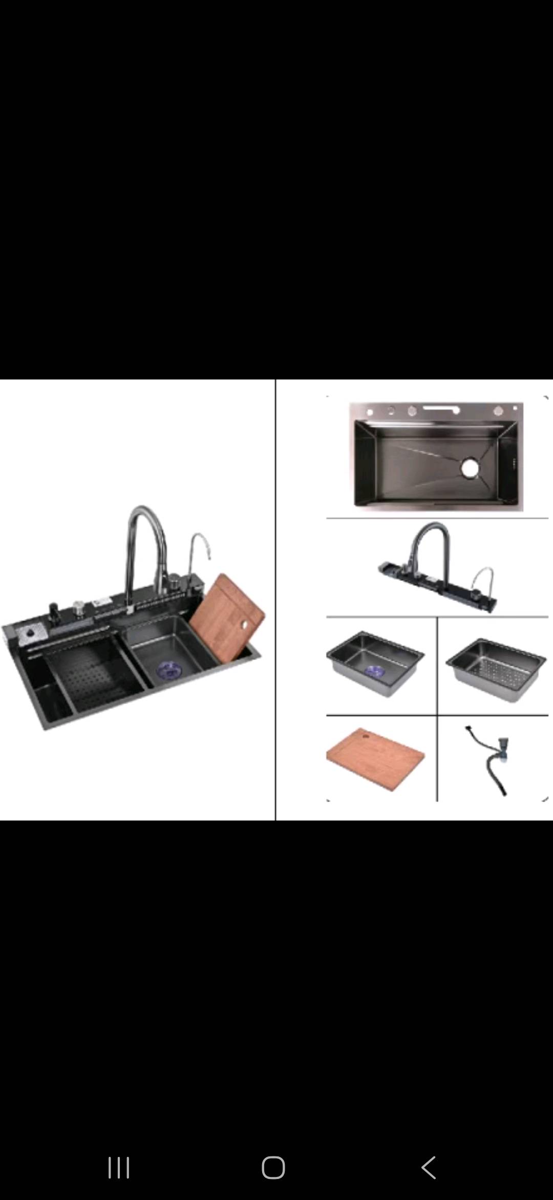 Évier 1 bac noir profond style workstation avec robinet extractible et accessoires