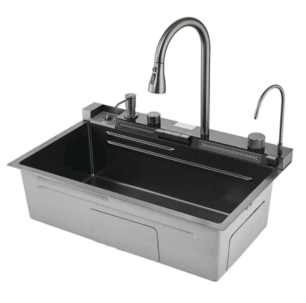 Évier 1 bac noir profond style workstation avec robinet extractible et accessoires