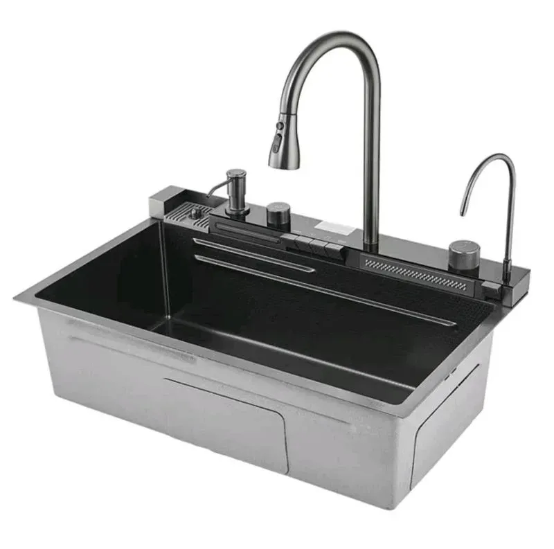 Évier 1 bac noir profond style workstation avec robinet extractible et accessoires