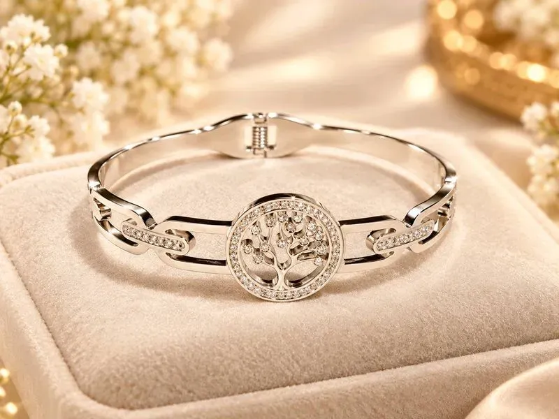 Bracelet Arbre de Vie en acier inoxydable avec Cristaux et Fermoir à Crochet