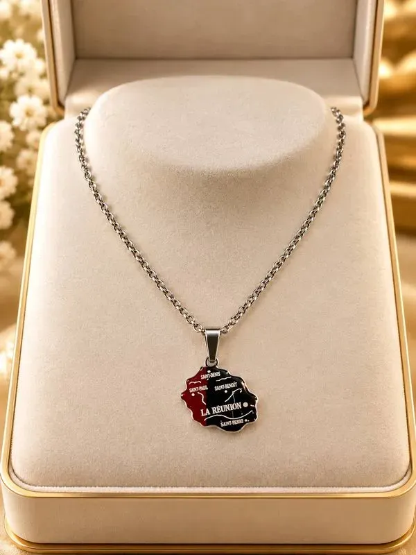 Pendentif Carte La Réunion Émaillé - Collier Chaîne Acier Inoxydable