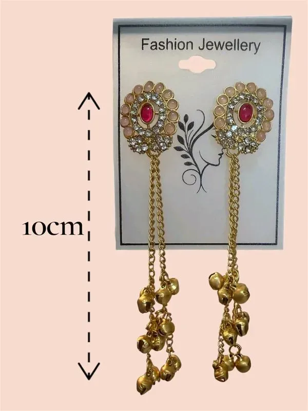 Boucles d'oreilles indiennes pendantes 10 cm pierres et grelots dorés — visuel 2