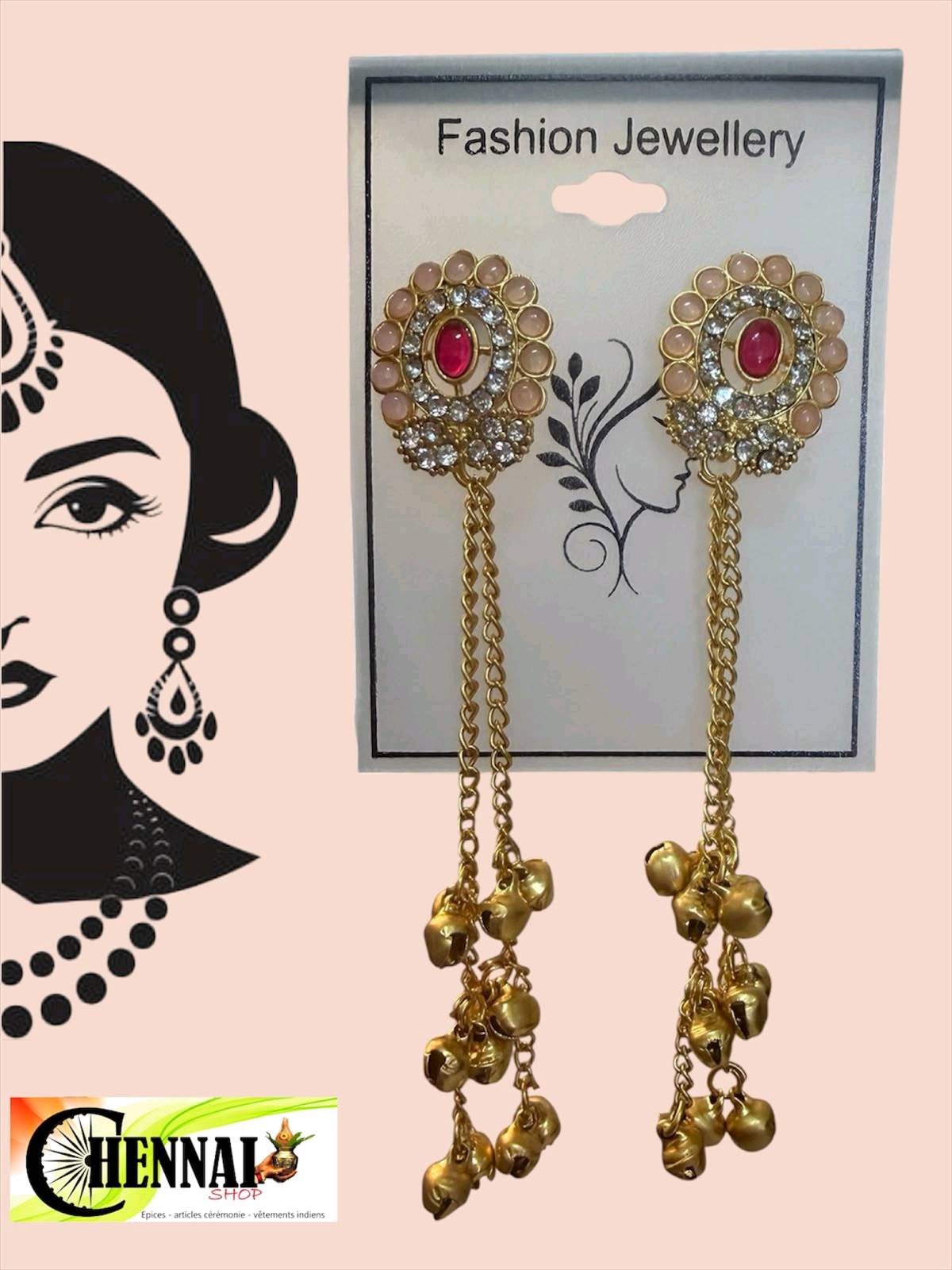 Boucles d'oreilles indiennes pendantes 10 cm pierres et grelots dorés