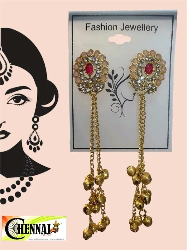 Boucles d'oreilles indiennes pendantes 10 cm pierres et grelots dorés