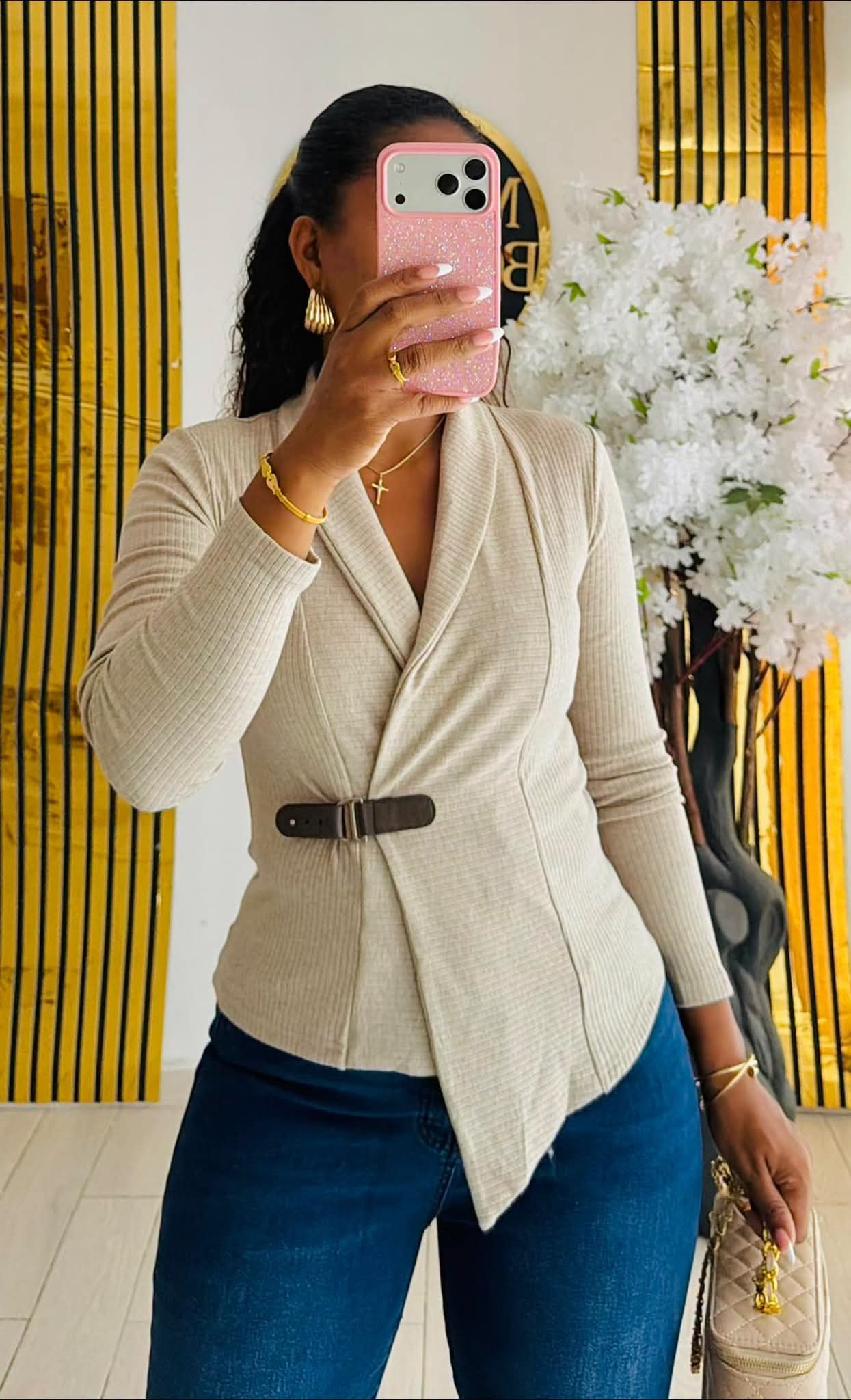 Cardigan blazer côtelé beige croisé ceinturé