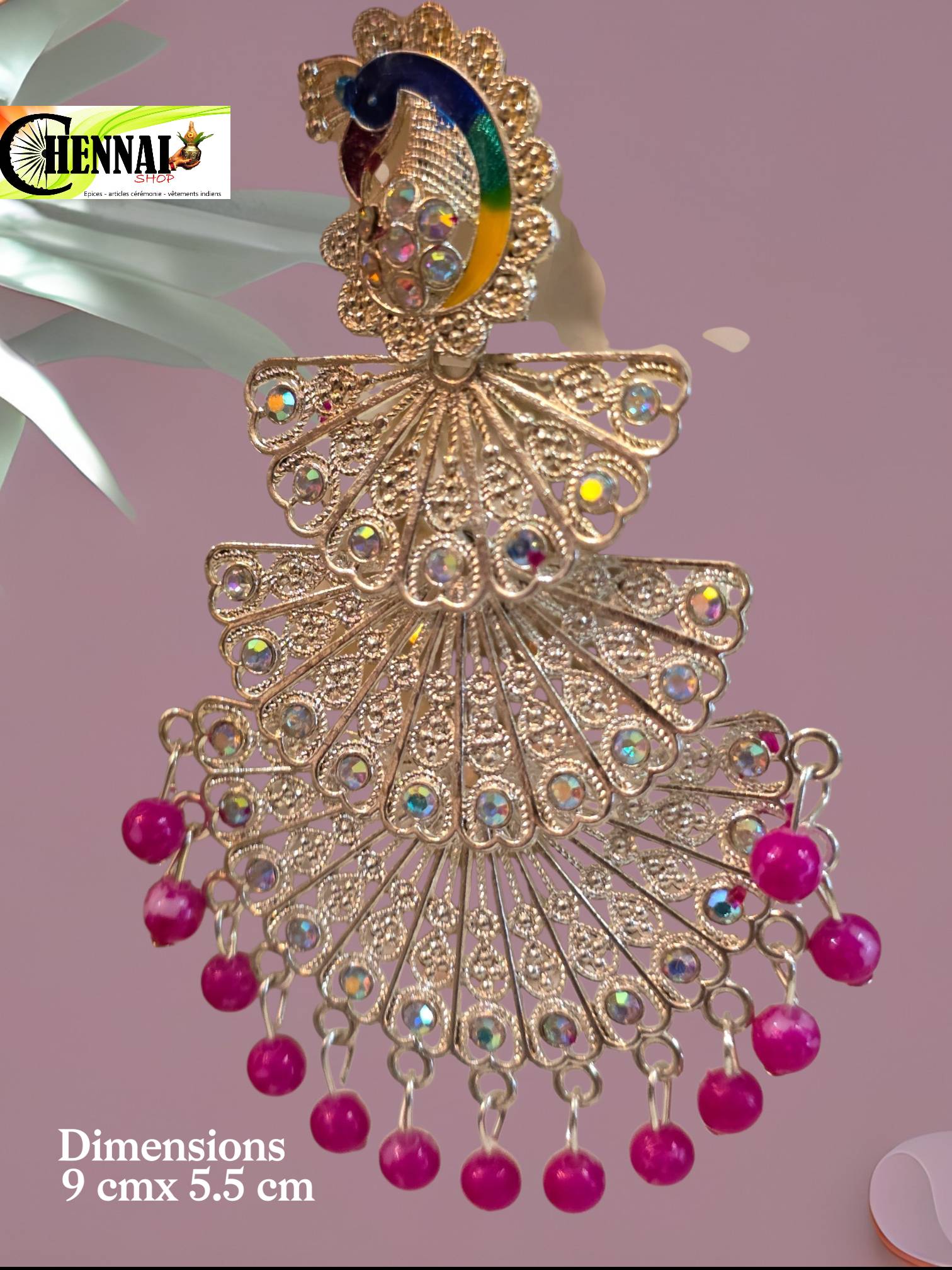 Boucles d'oreilles paon argentées à strass et perles fuchsia — visuel 2