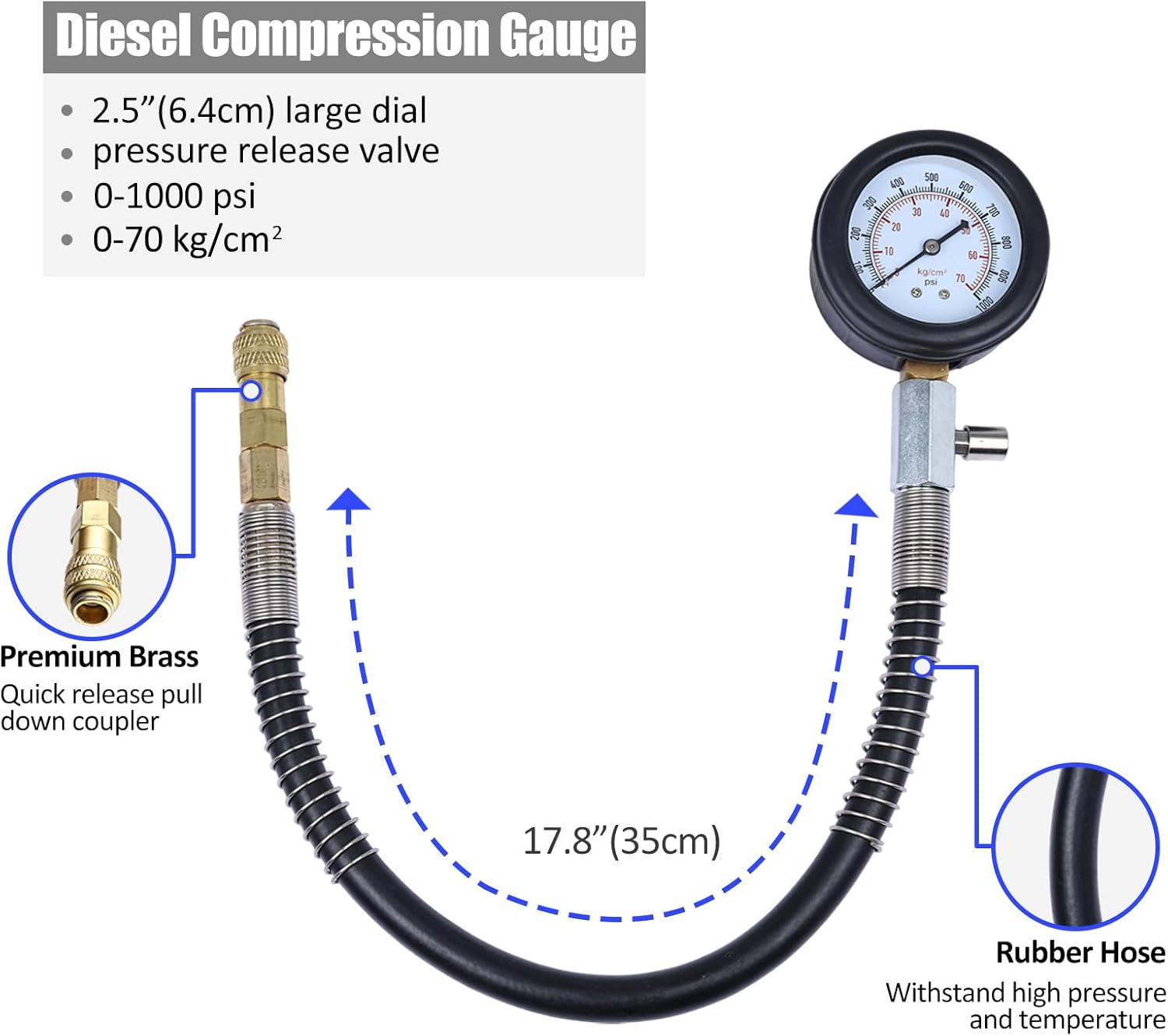 Compressiometre Diesel, 1000 PSI 70 Bar Testeur Compression Moteur Diesel, — visuel 6
