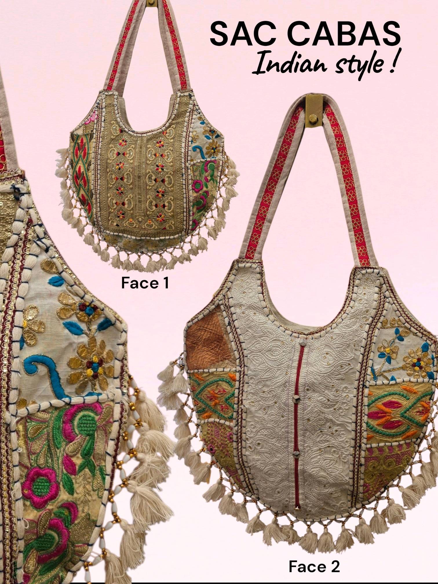 Sac cabas bohème brodé main à pompons