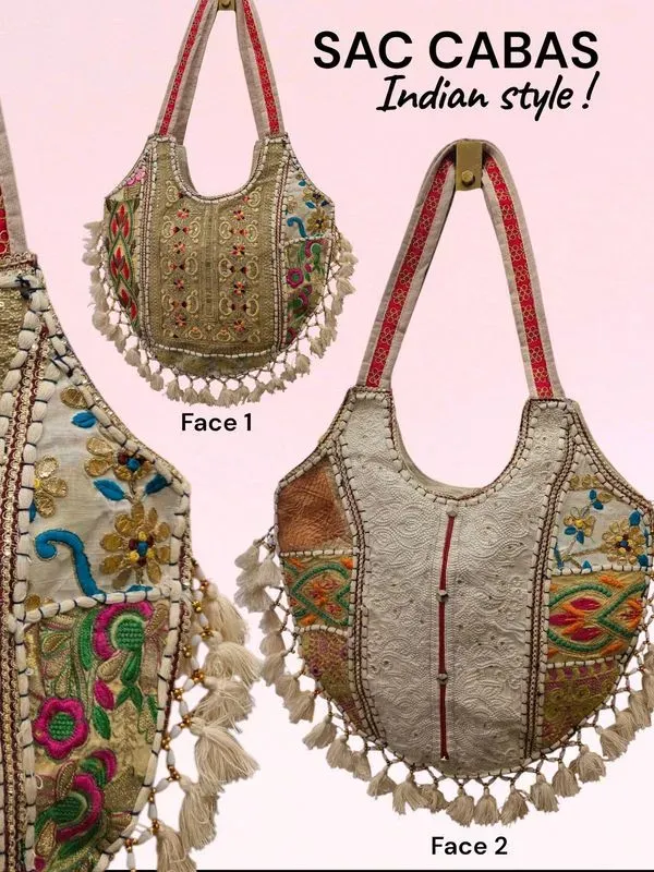 Sac cabas bohème brodé main à pompons