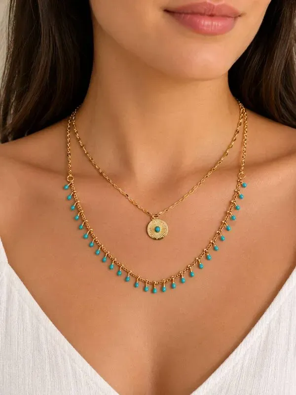 Collier acier inoxydable doré double chaîne turquoise et médaillon doré