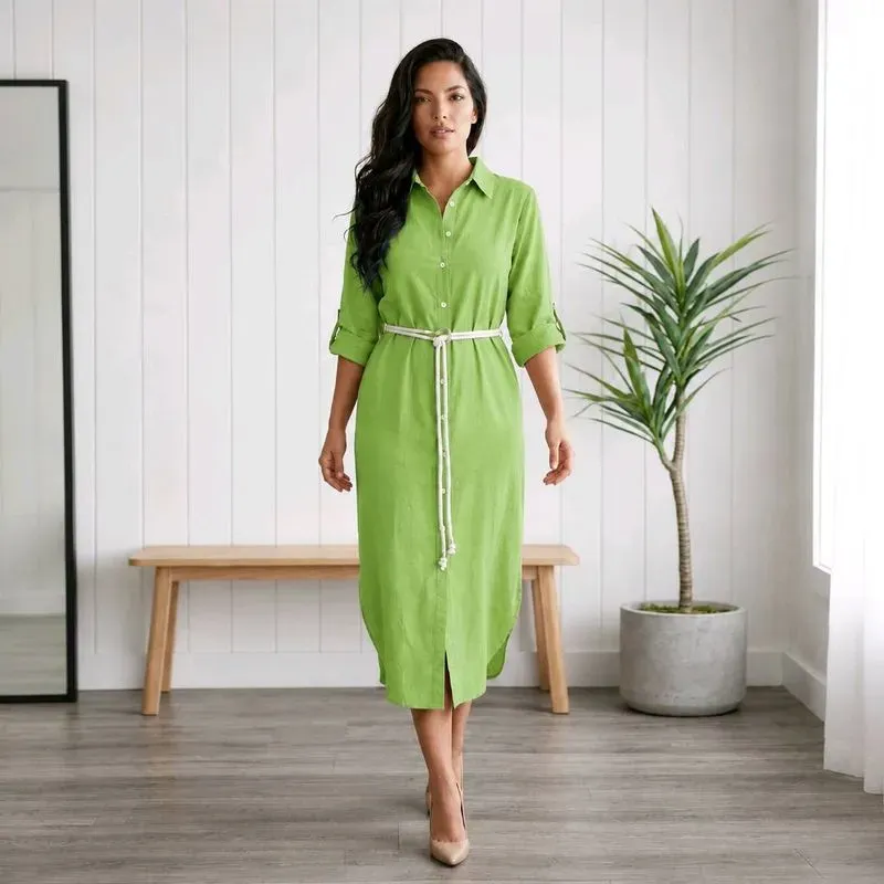 Robe chemise lin camel - Coupe midi élégante — visuel 4