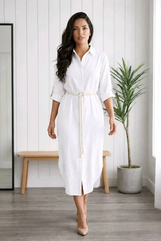 Robe chemise lin camel - Coupe midi élégante — visuel 3