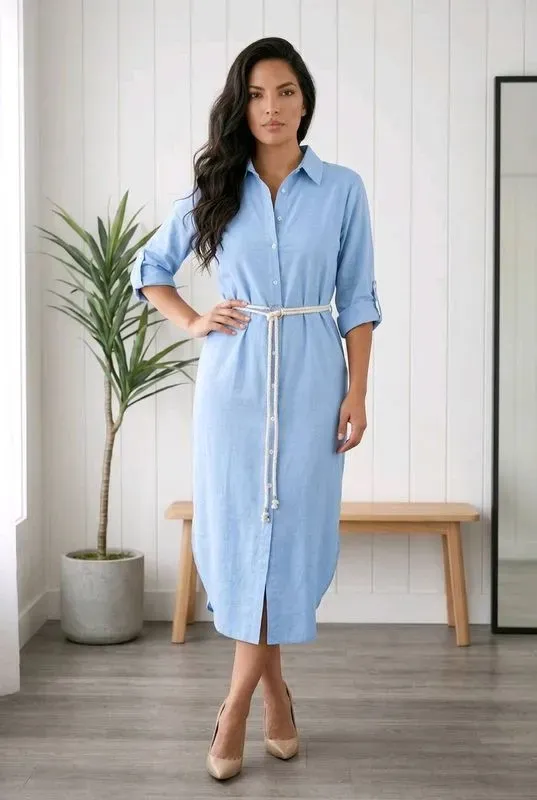 Robe chemise lin camel - Coupe midi élégante — visuel 2