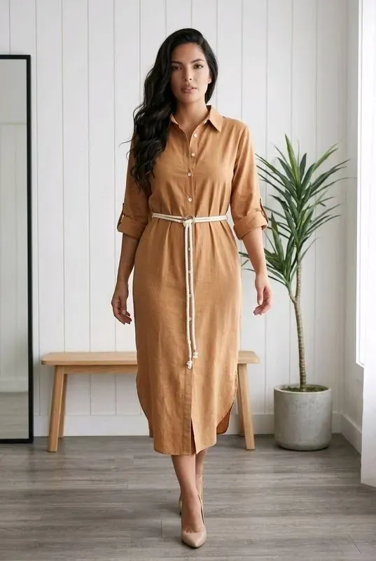 Robe chemise lin camel - Coupe midi élégante