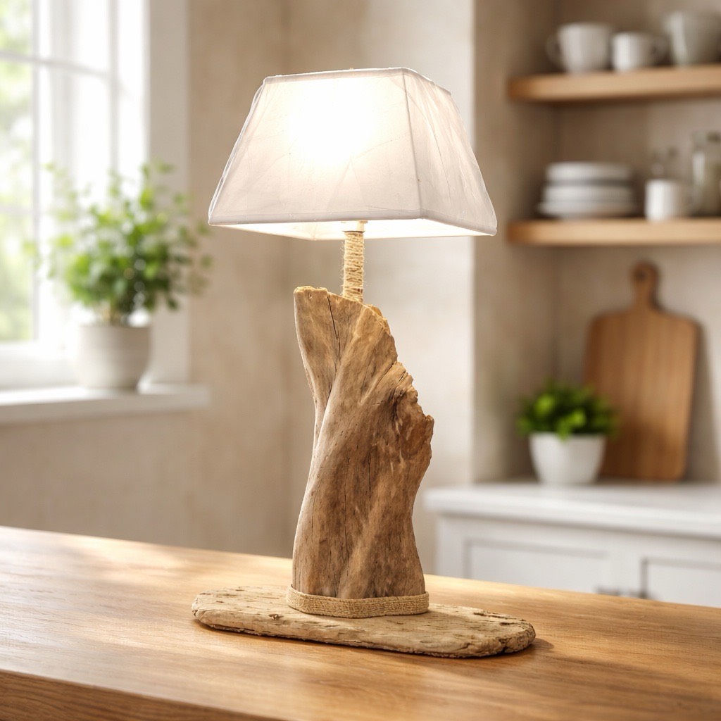 lampe de salon en bois flotté brut 