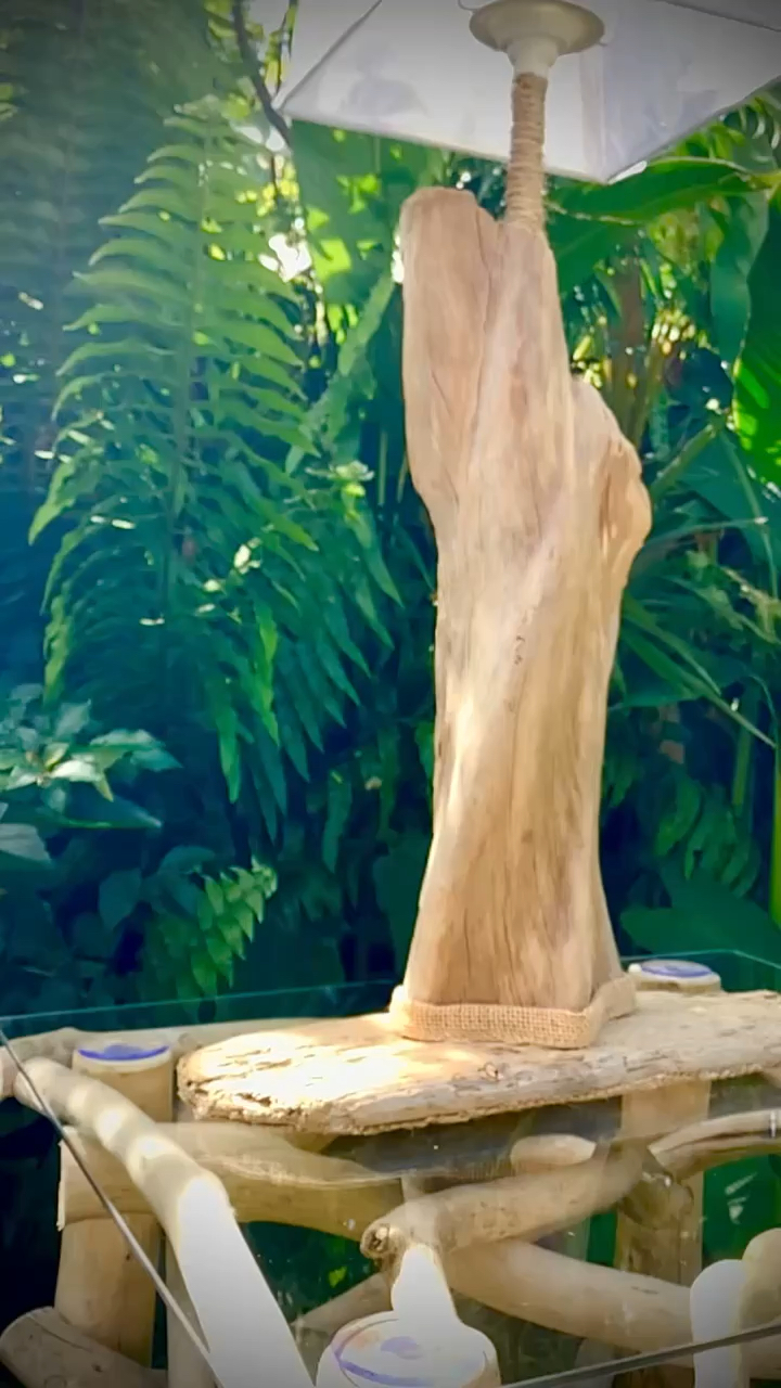 lampe de salon en bois flotté brut