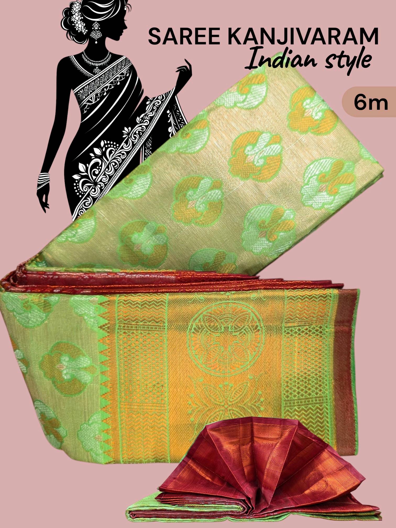 Saree Kanjivaram riche vert et rouge 6m — visuel 2
