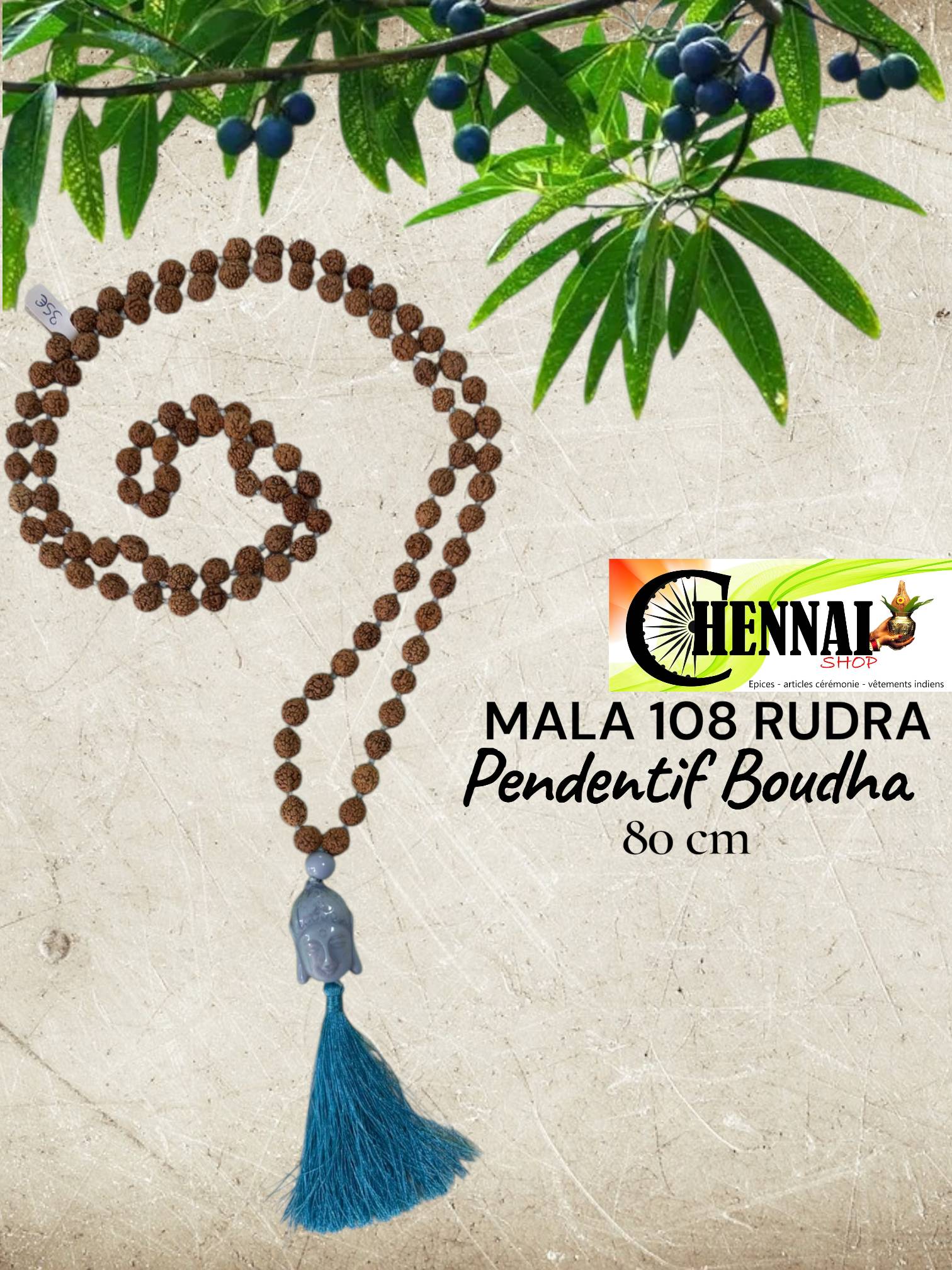 Mala 108 Rudraksha pendentif Bouddha pompon bleu 80 cm