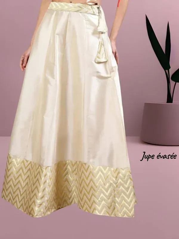 Jupe longue évasée satin ivoire bord doré TAILLE UNIQUE à ajuster de S à XL
