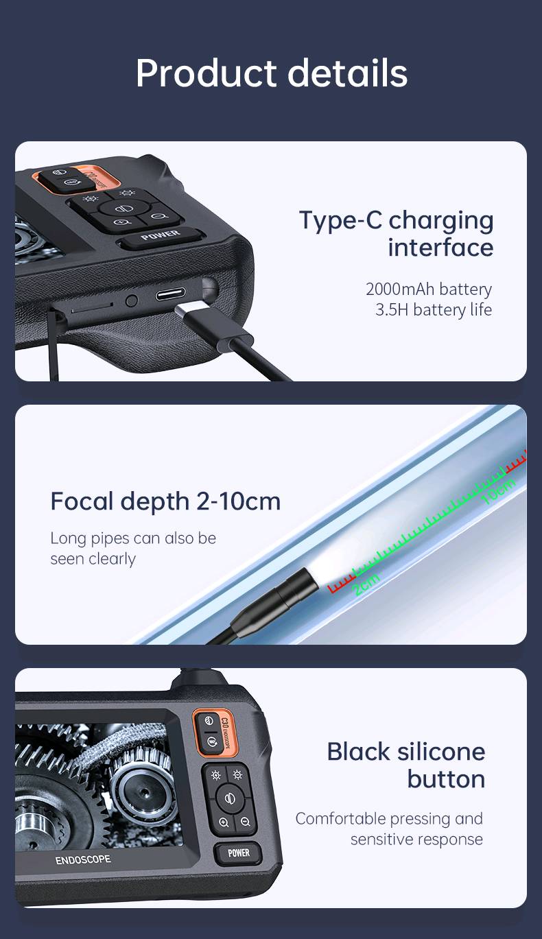 Caméra endoscopique industrielle HD1080P, 8mm, écran IPS 4.3 pouces, 1080P, pour inspection de tuyaux, réparation automobile, étanchéité IP67, 8 LED — visuel 9