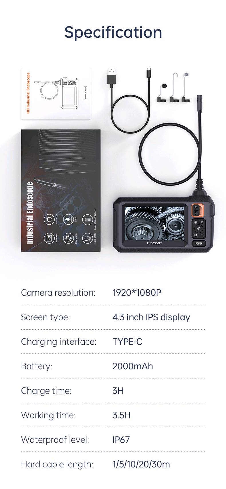 Caméra endoscopique industrielle HD1080P, 8mm, écran IPS 4.3 pouces, 1080P, pour inspection de tuyaux, réparation automobile, étanchéité IP67, 8 LED — visuel 12