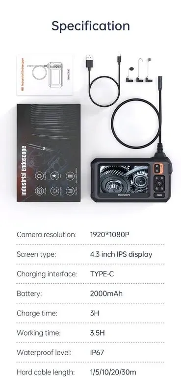Caméra endoscopique industrielle HD1080P, 8mm, écran IPS 4.3 pouces, 1080P, pour inspection de tuyaux, réparation automobile, étanchéité IP67, 8 LED — visuel 12