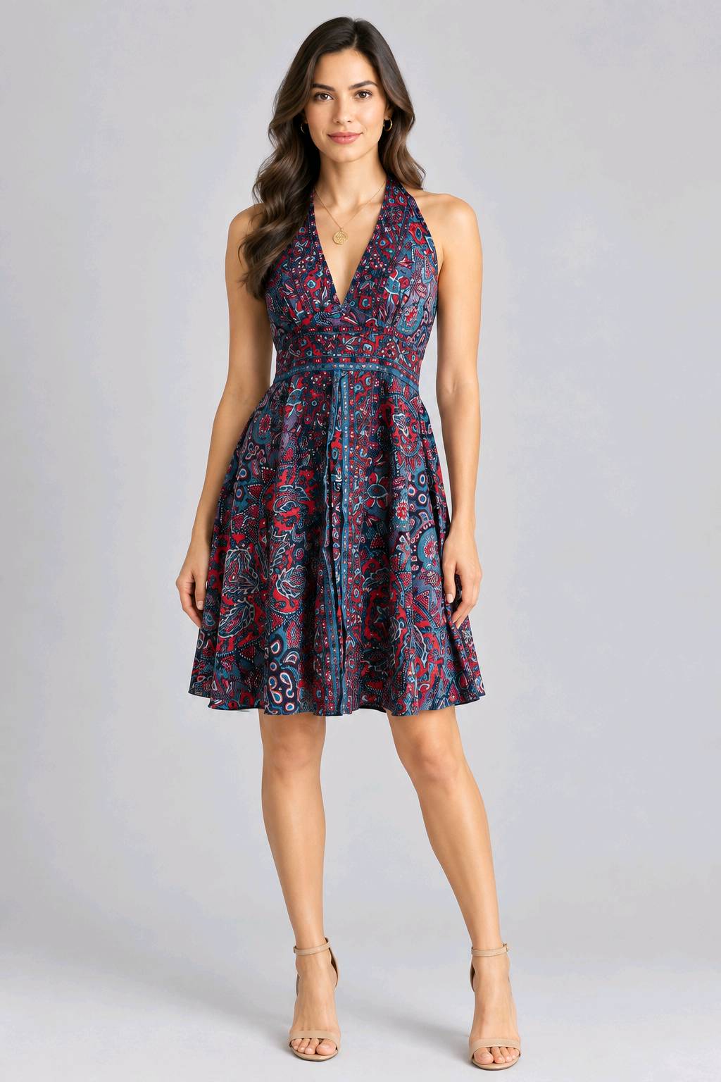 Robe cache-cœur imprimée bleu marine et rouge - Coupe patineuse élégante