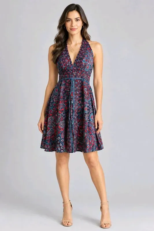 Robe cache-cœur imprimée bleu marine et rouge - Coupe patineuse élégante
