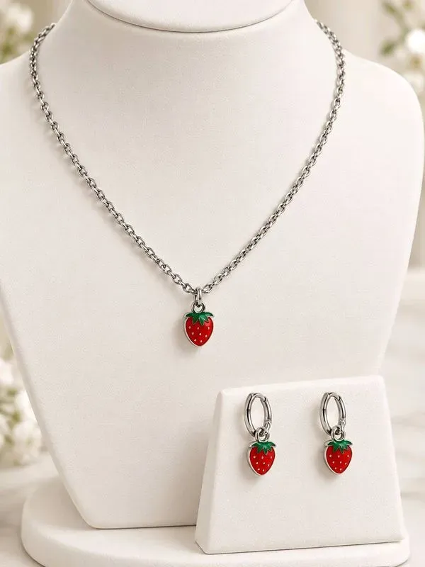 Ensemble collier et boucles d'oreilles fraise en acier inoxydable style enfant et ado