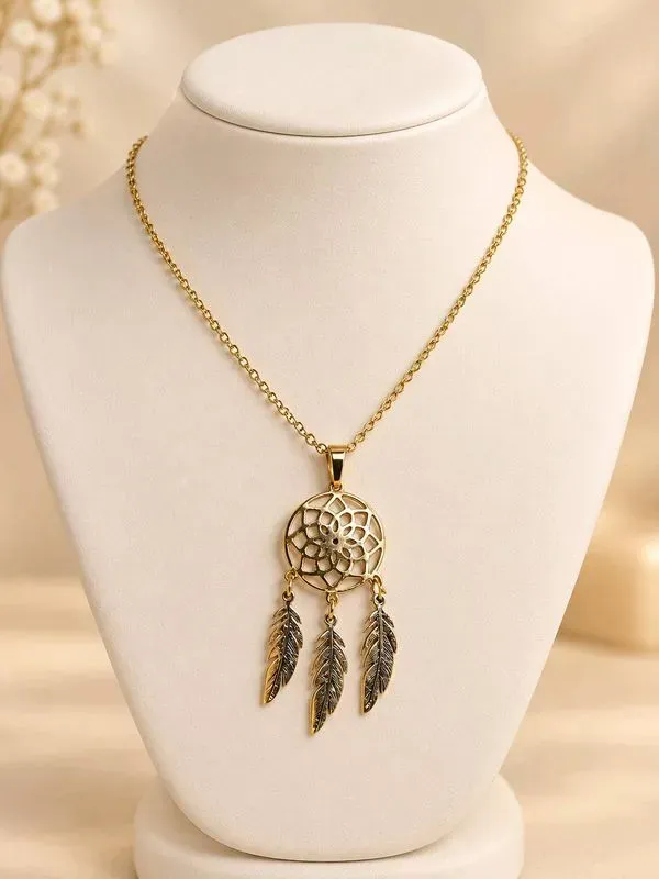 Collier Dreamcatcher acier inoxydable Doré - Attrape-rêves Pendentif Feuilles
