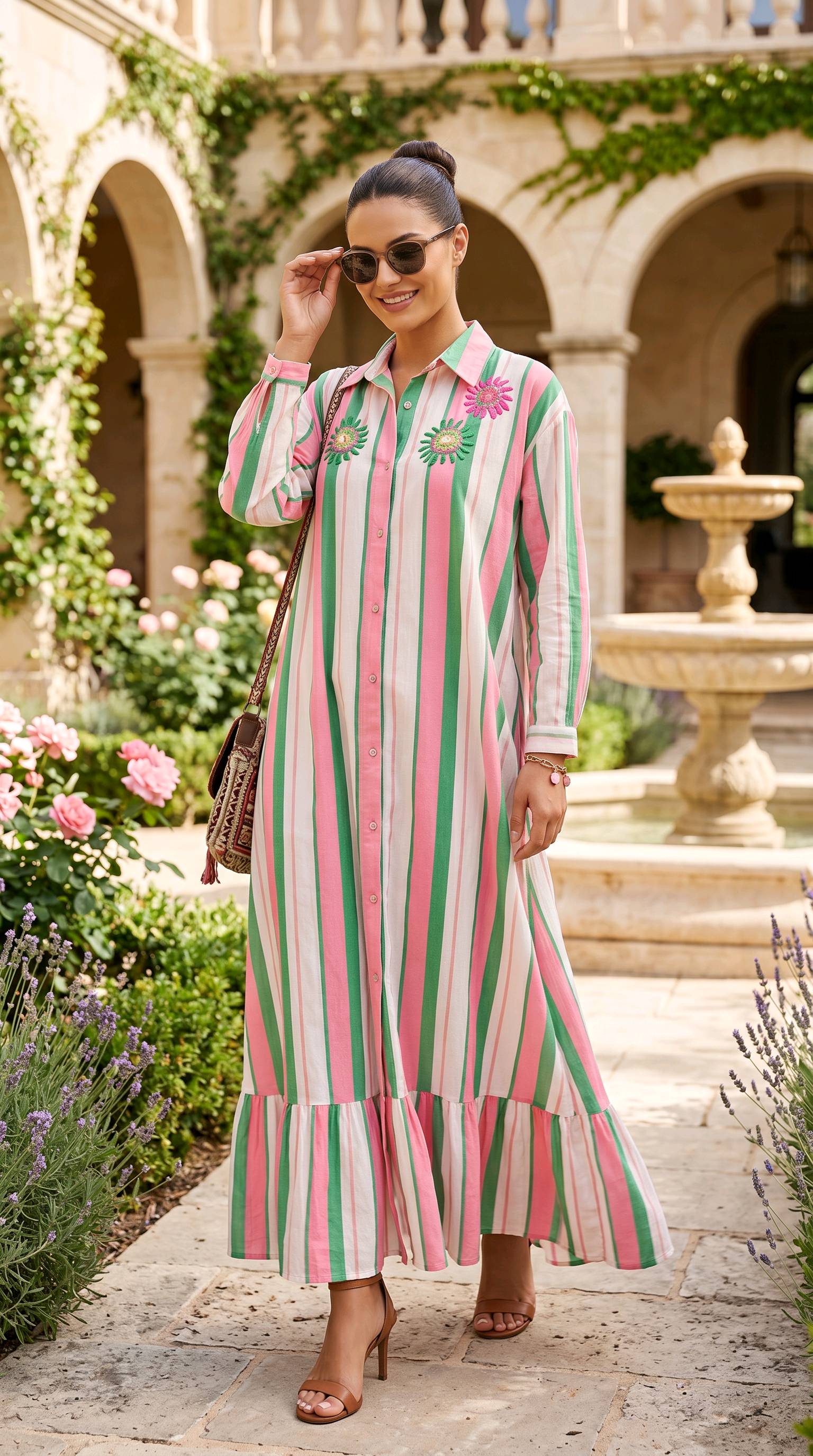Robe chemise longue rayée rose et vert brodée