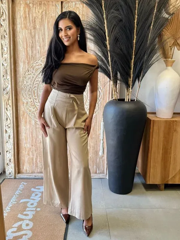 Pantalon palazzo taille haute ceinture double