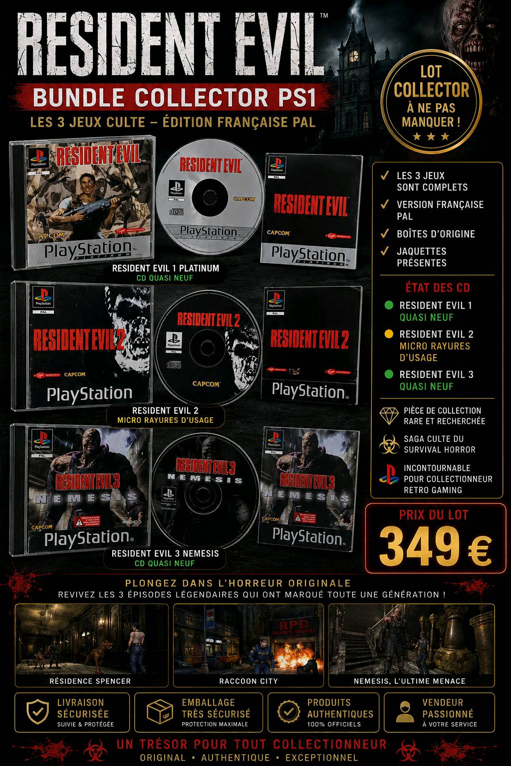 Lot collector Resident Evil PS1 3 jeux PAL - boîtes et jaquettes d'origine