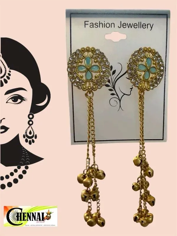 Boucles d'oreilles pendantes dorées strass et grelots 12 cm