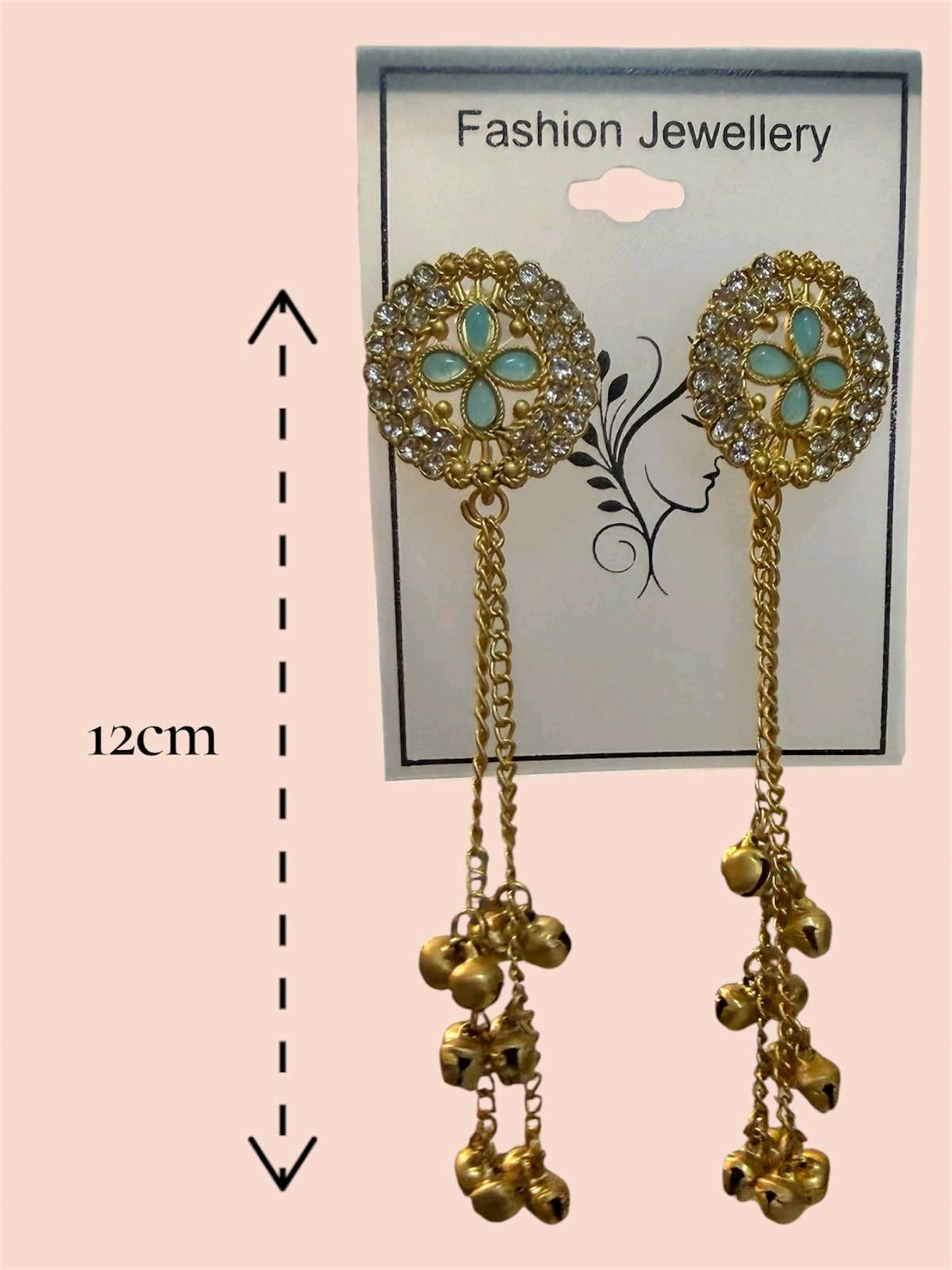Boucles d'oreilles pendantes dorées strass et grelots 12 cm — visuel 2