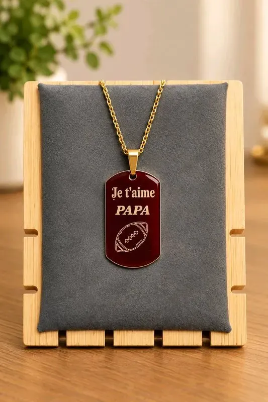 Collier pendentif Je t'aime Papa - Plaque gravée acier inoxydable doré