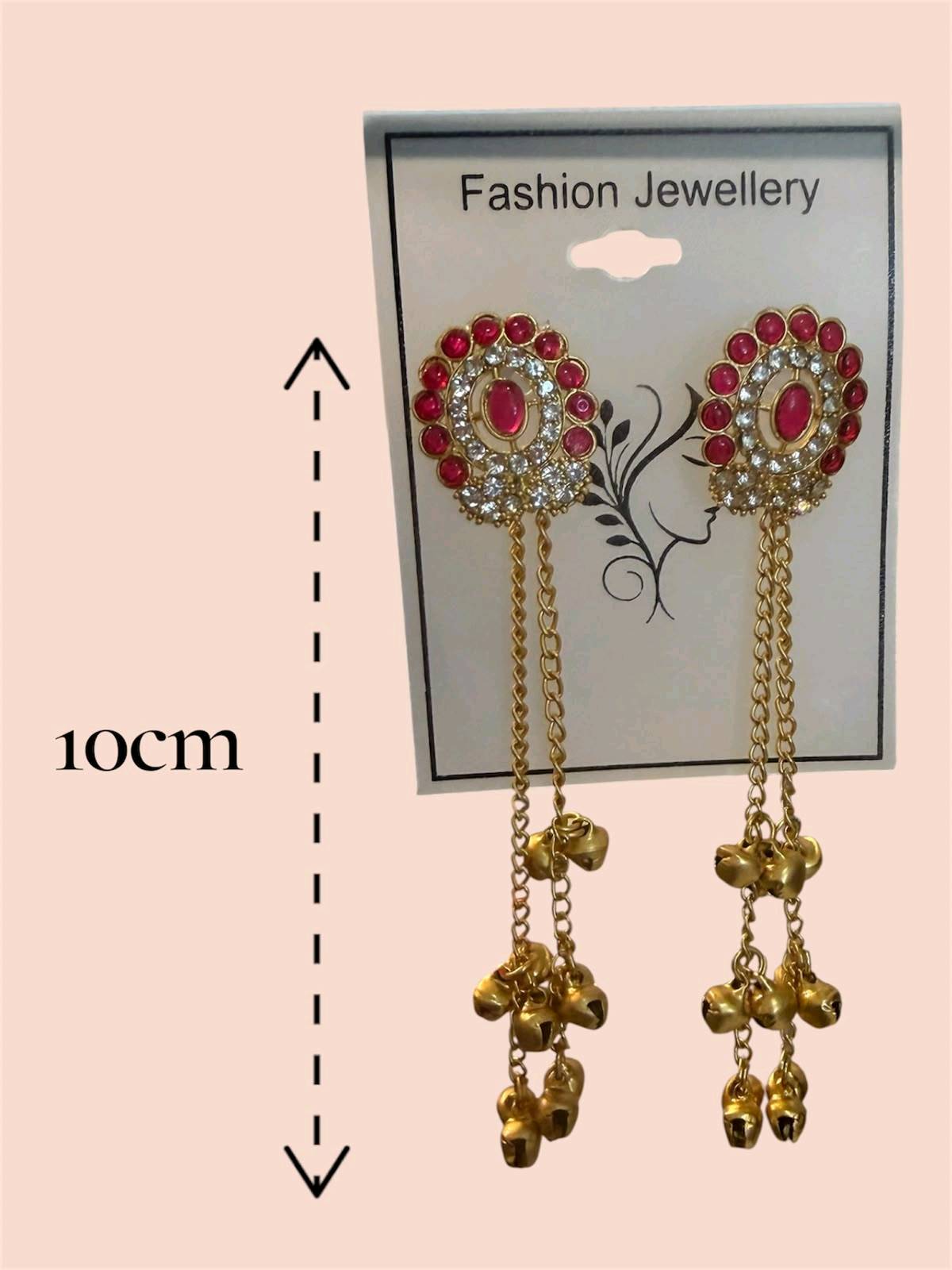 Boucles d'oreilles indiennes dorées pierres roses et clochettes 10 cm — visuel 2