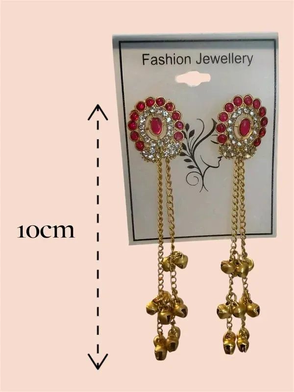 Boucles d'oreilles indiennes dorées pierres roses et clochettes 10 cm — visuel 2