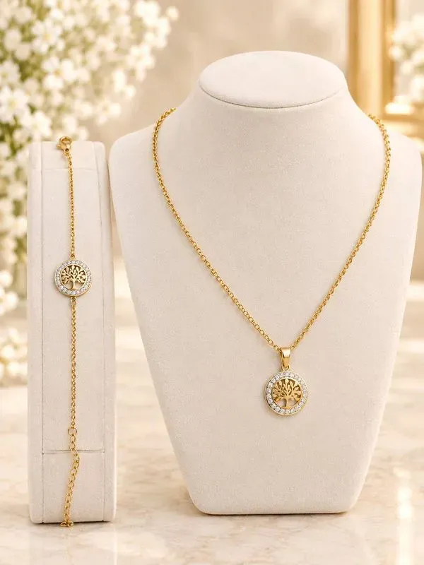 Parure Collier et Bracelet Arbre de Vie en acier inoxydable Doré avec strass.