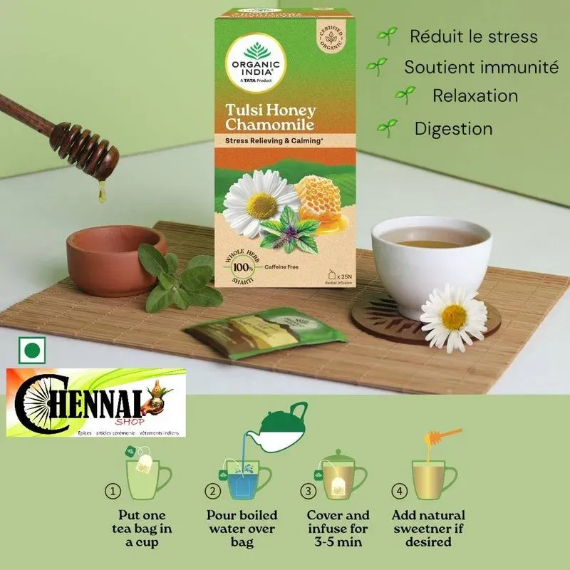 Organic India Tulsi Miel et Camomille Bio - Infusion Relaxante 25 sachets
