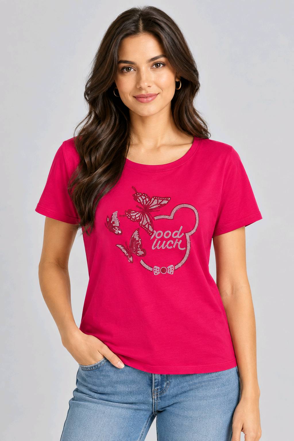 T-shirt Rose Fuchsia Strass 'Good Luck' - Coupe Femme